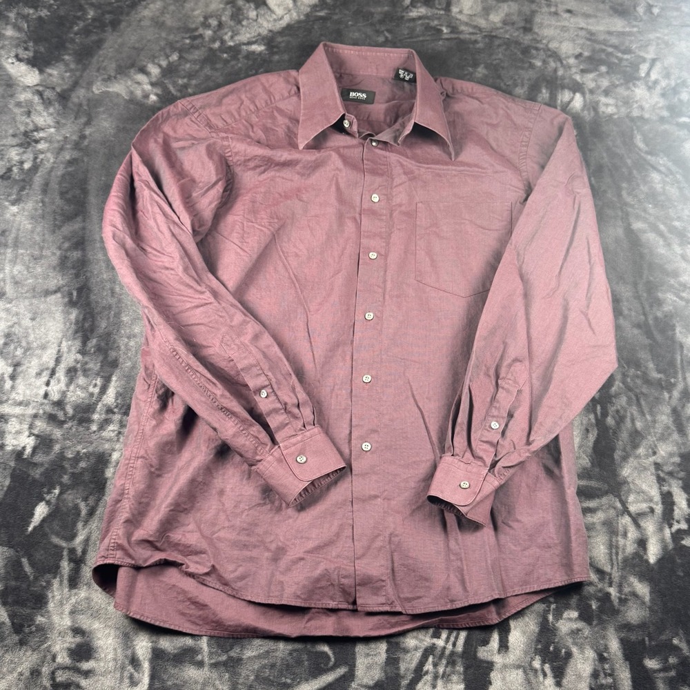 Hugo Boss Button Down Shirt Mens 16.5 34/35 Burgundy Long Sleeve Cotton Solid